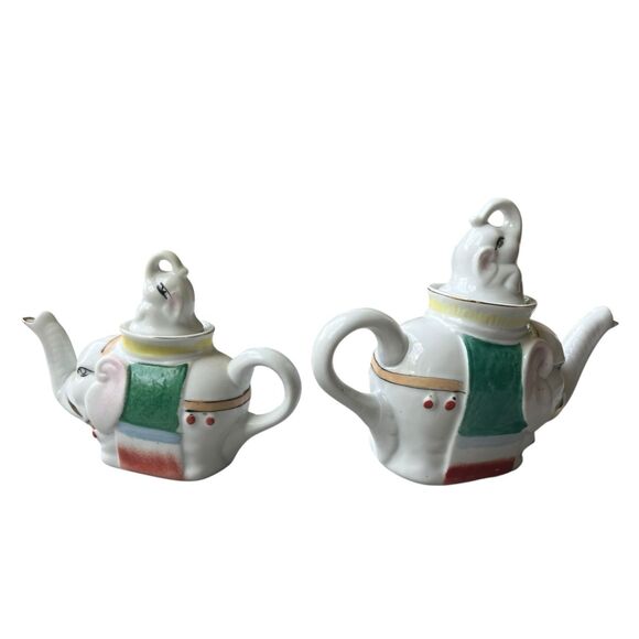 Vintage Elephant Porcelain Teapot Set - White, Green, Red Accents - Picture 3 of 6